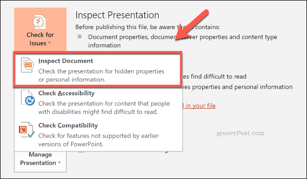 Inspektera dokumentknappen i PowerPoint