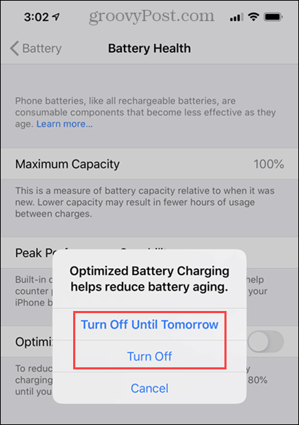 Stäng av alternativ för optimerad batteriladdning på iPhone