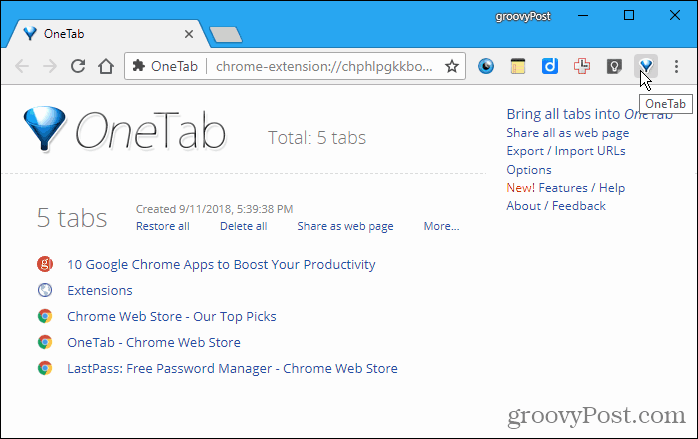OneTab för Chrome