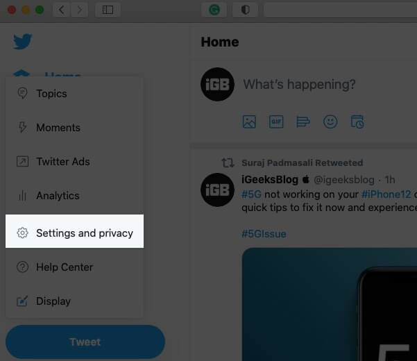 Klicka på Inställningar och sekretess i Twitter på datorn