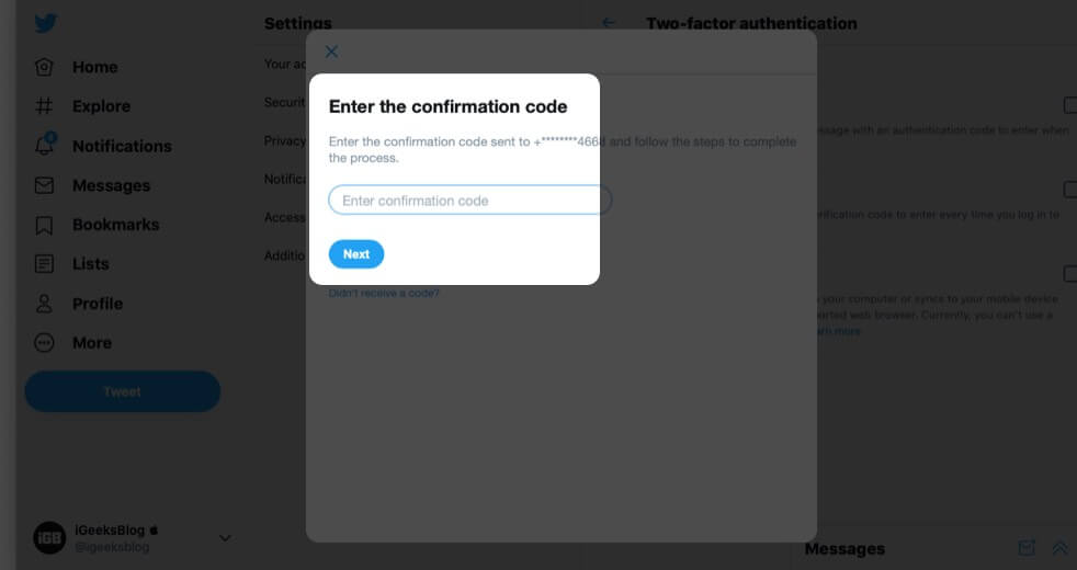 Ange kod och klicka på Nästa för att aktivera 2FA via textmeddelande för Twitter på datorn