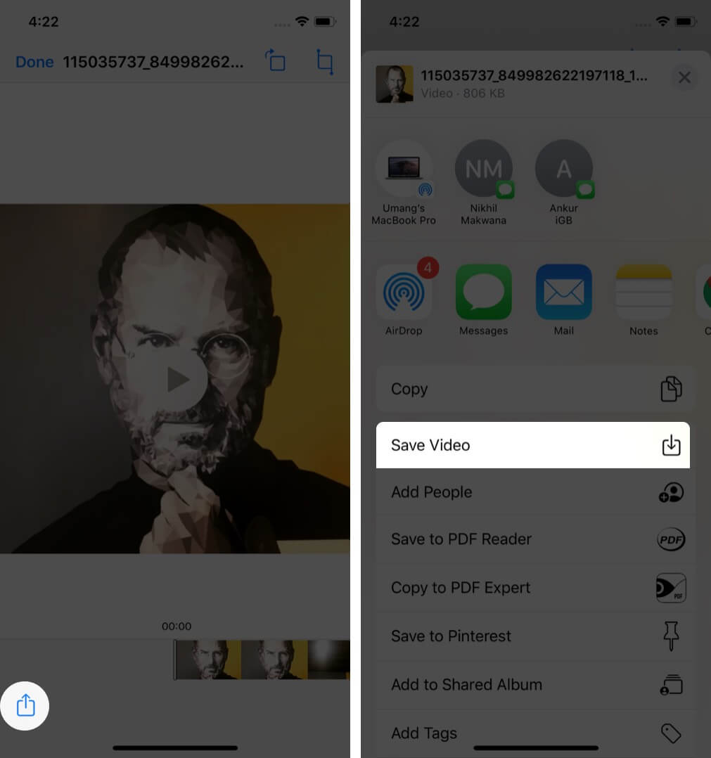 tryck på dela och tryck på spara video för att ladda ner instagramvideo på iPhone