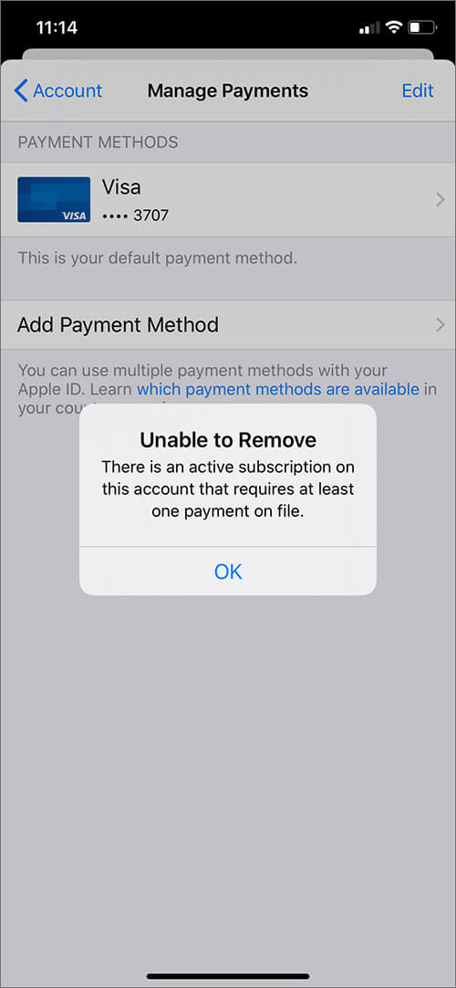 Kan inte ta bort nuvarande betalningsmetod på iPhone