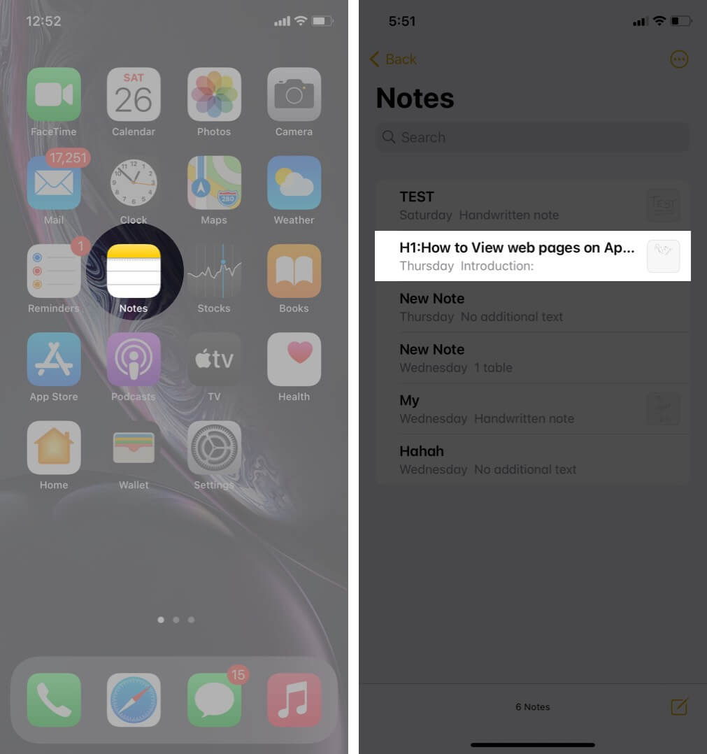 Öppna Notes -appen och tryck på Notera på iPhone