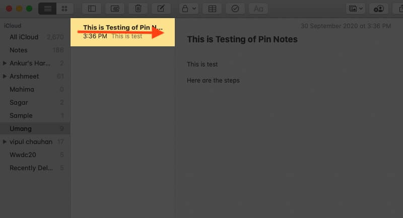 Välj Obs och svep åt höger med två fingrar på Mac Trackpad på Note i Note App